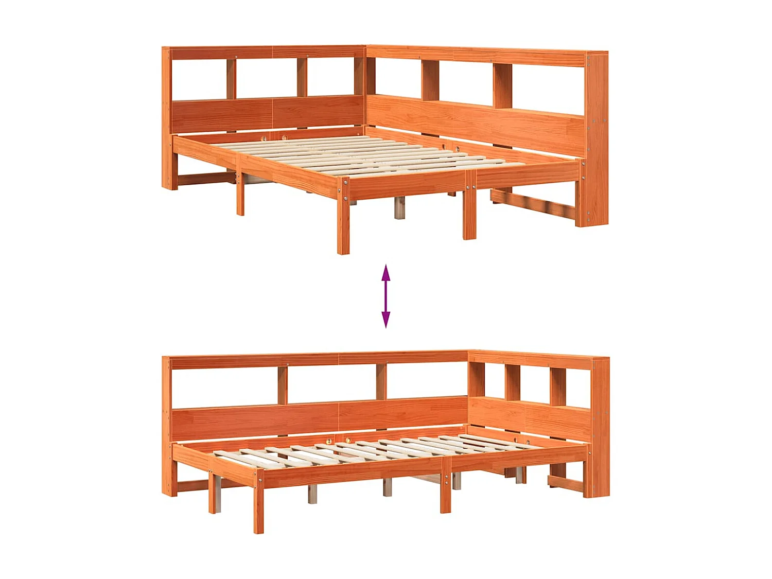 Lit bibliothèque sans matelas cire marron 120x190cm pin massif