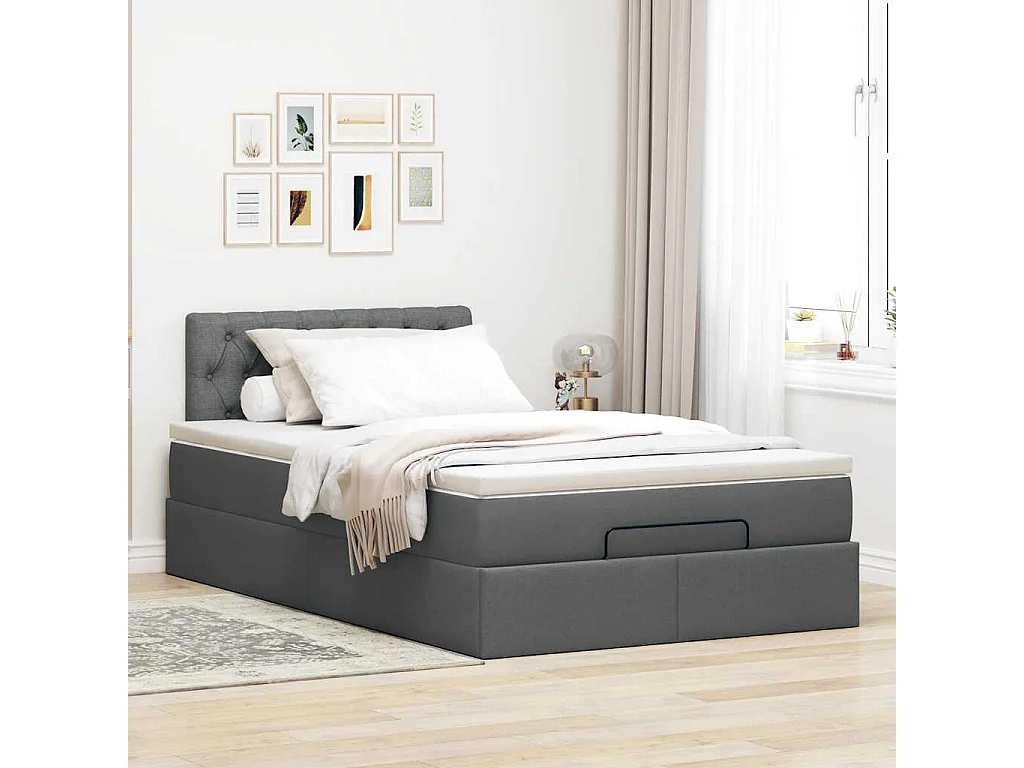 Cadre de lit ottoman avec matelas gris foncé 120x190 cm tissu