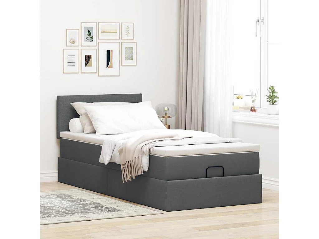 Cadre de lit ottoman avec matelas gris foncé 90x190 cm tissu