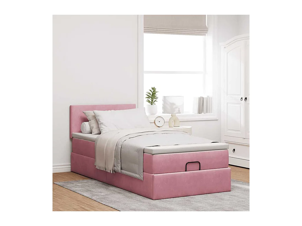 Cadre de lit ottoman avec matelas rose 90x200 cm velours