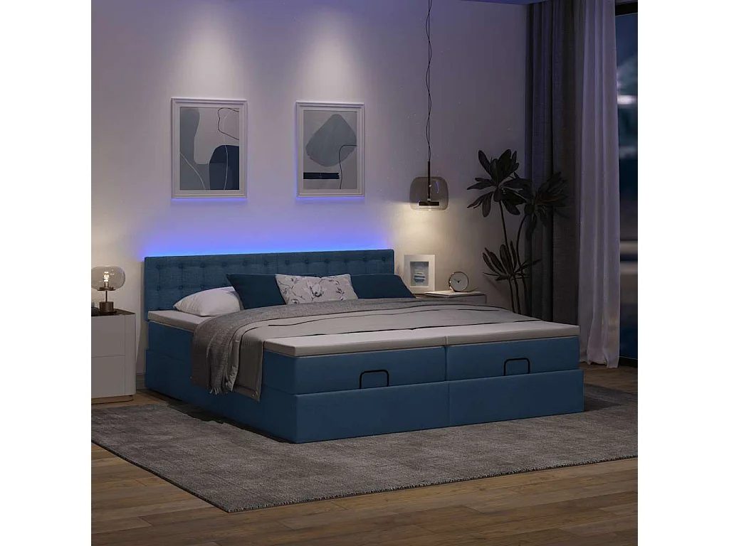 Cadre de lit ottoman avec matelas bleu 180x200 cm tissu