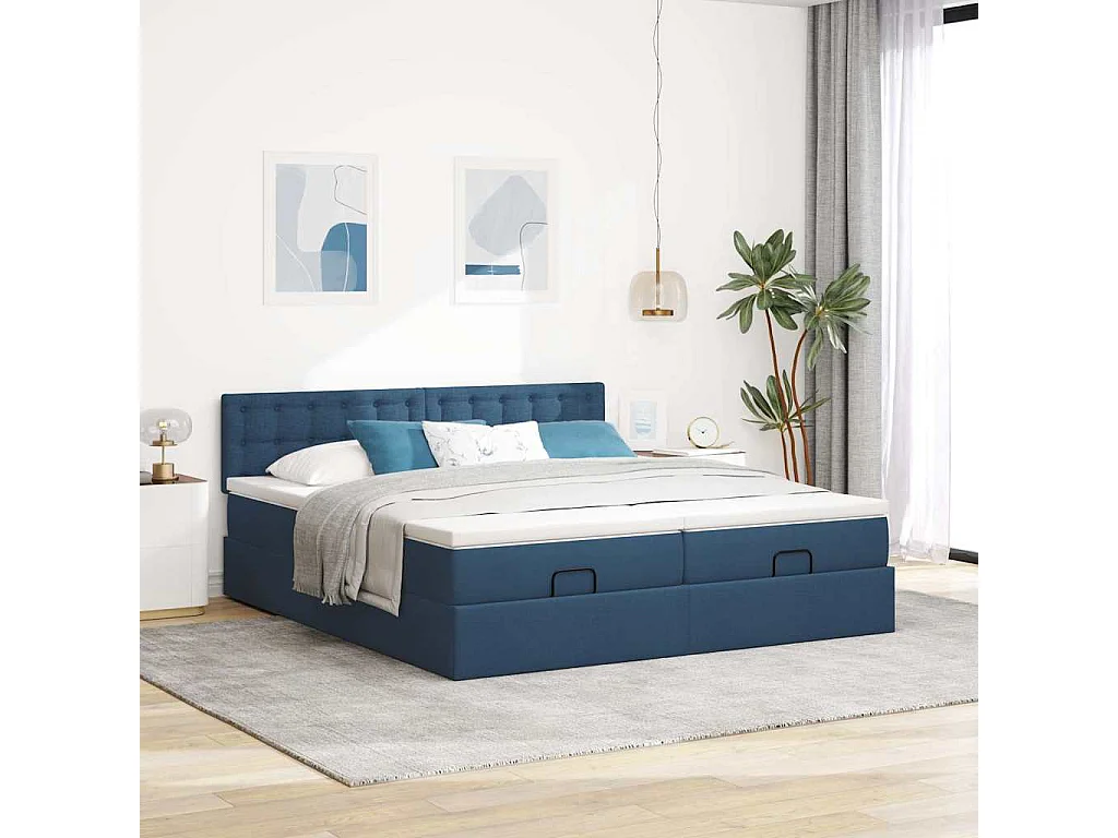 Cadre de lit ottoman avec matelas bleu 180x200 cm tissu