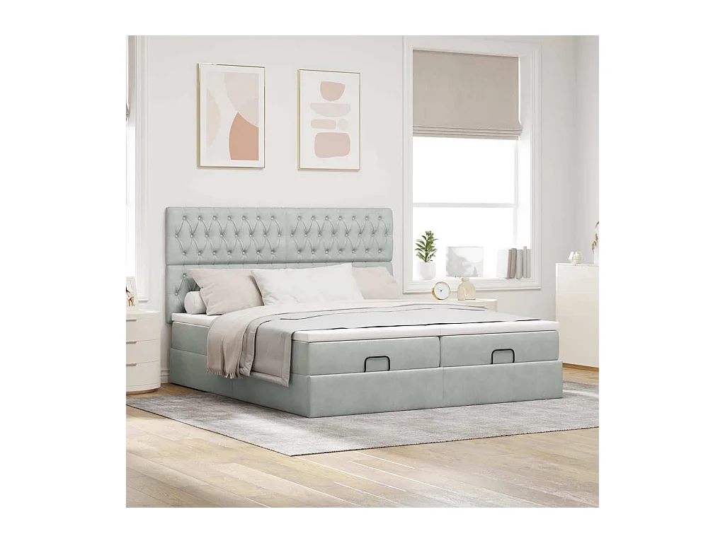 Cadre de lit ottoman et matelas gris clair 180x200cm velours