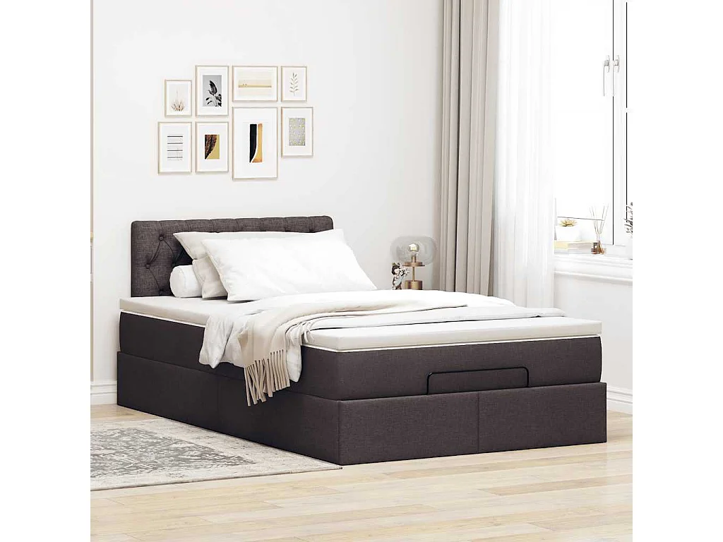 Cadre de lit ottoman avec matelas marron foncé 120x190 cm tissu