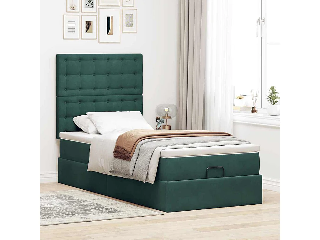 Estrutura de cama otomana colchões 90x200cm veludo verde escuro