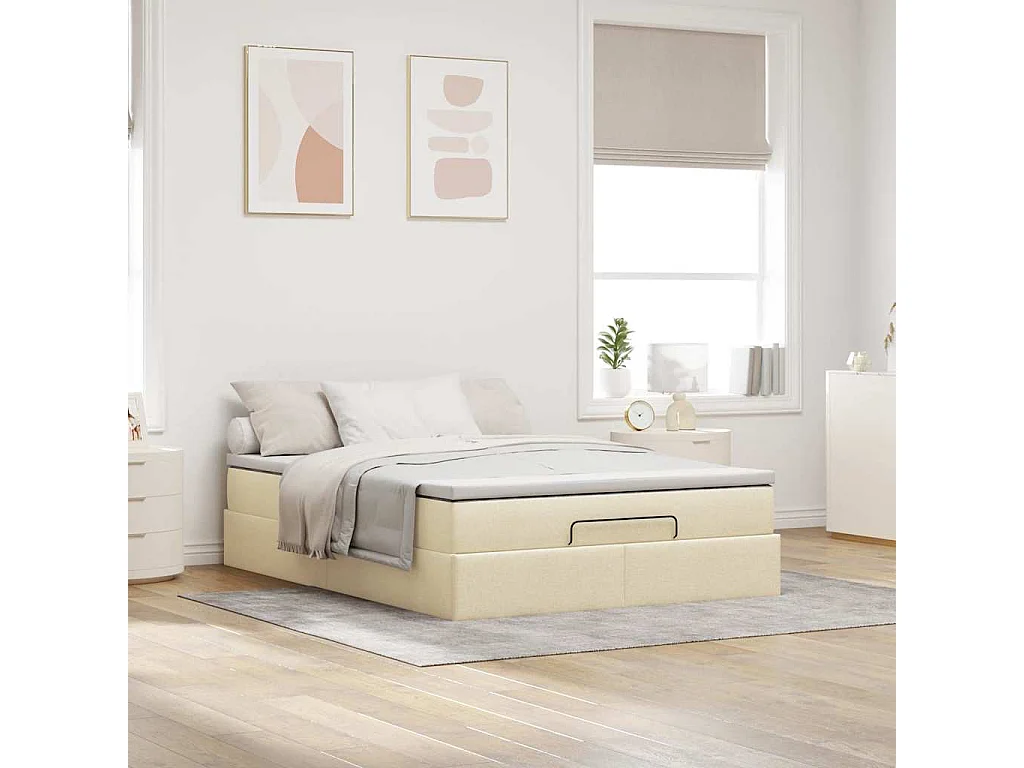 Cadre de lit ottoman avec matelas crème 140x200 cm tissu