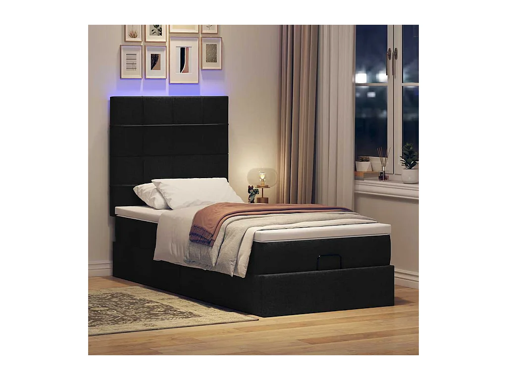 Cadre de lit ottoman avec matelas noir 90x200 cm tissu