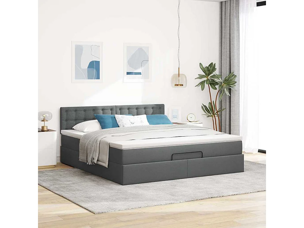 Cadre de lit ottoman avec matelas gris foncé 160x200cm tissu