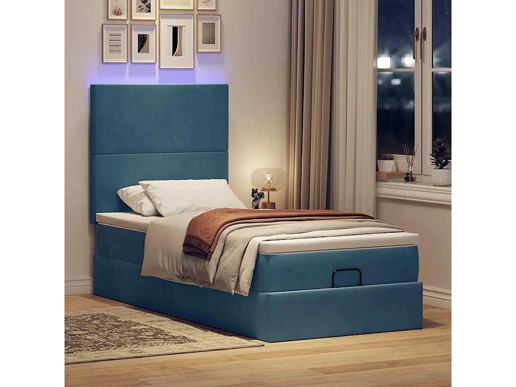 Cadre de lit ottoman avec matelas bleu foncé 90x190 cm velours
