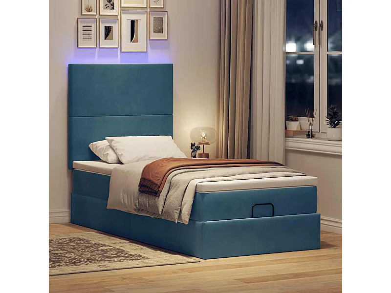 Estrutura cama otomana com colchões azul escuro 90x190cm veludo
