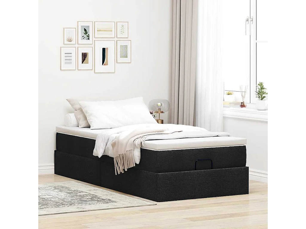 Cadre de lit ottoman avec matelas noir 90x190 cm tissu