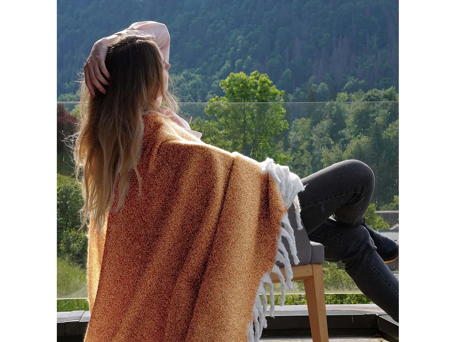 Plaid aspect mohair 100% polyester recyclé 70x180 cm HYGGE Marron caramel