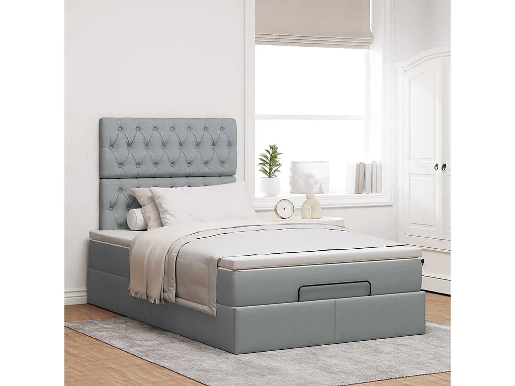 Cadre de lit ottoman et matelas gris clair 120x200 cm tissu