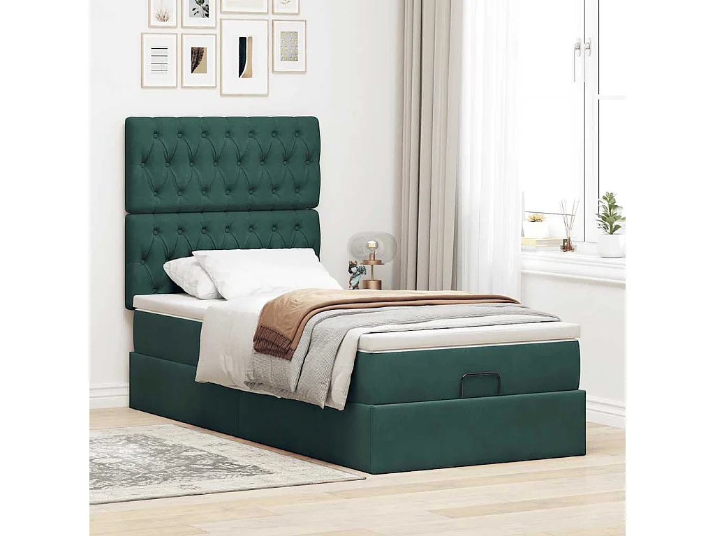 Cadre de lit ottoman avec matelas vert foncé 100x200 cm velours