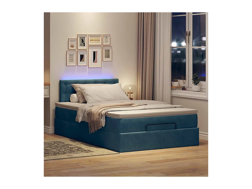 Estrutura de cama otomana com colchão azul escuro Veludo