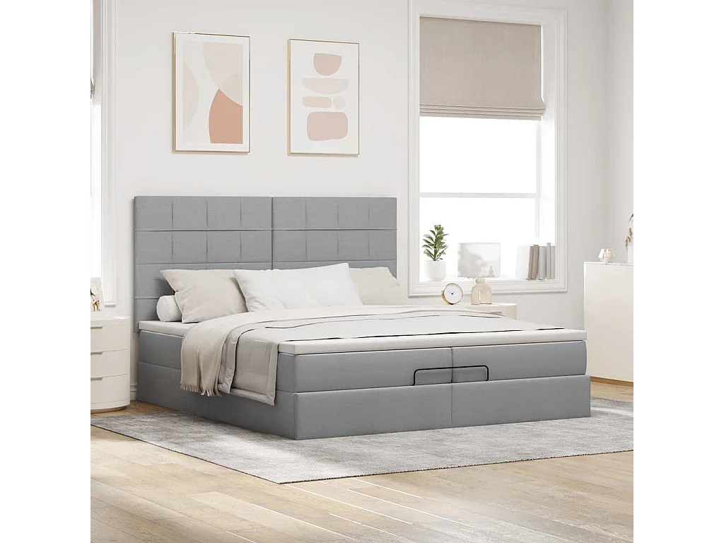 Estrutura de cama otomana com colchões tecido cinzento claro