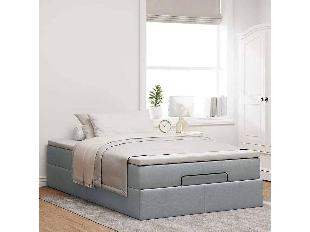 Cadre de lit ottoman et matelas gris clair 120x200 cm tissu