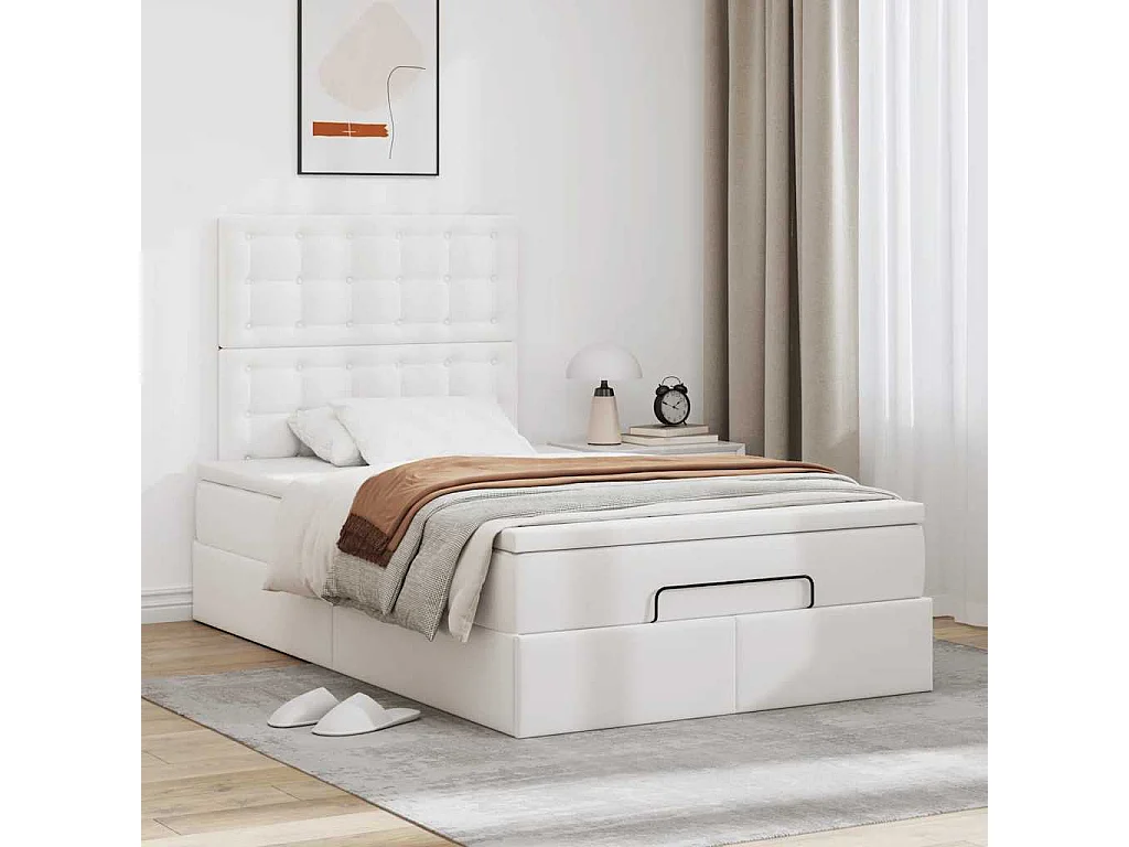 Estructura cama otomana colchón cuero sintético blanco