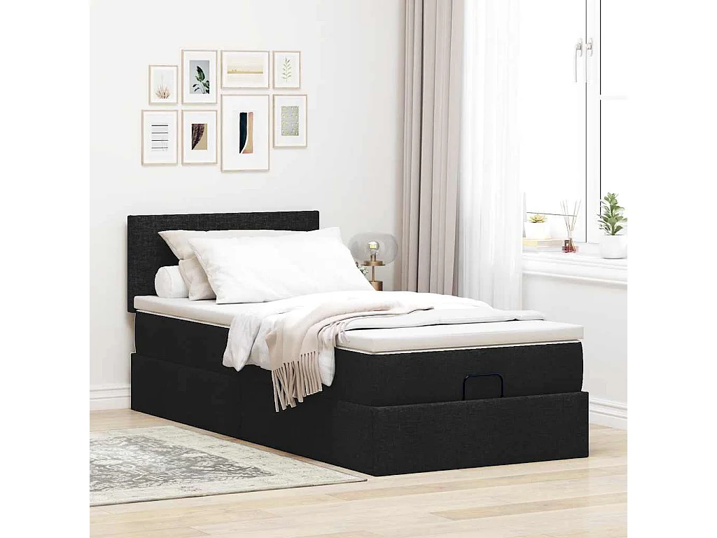 Lit ottoman avec matelas noir 100x200 cm tissu