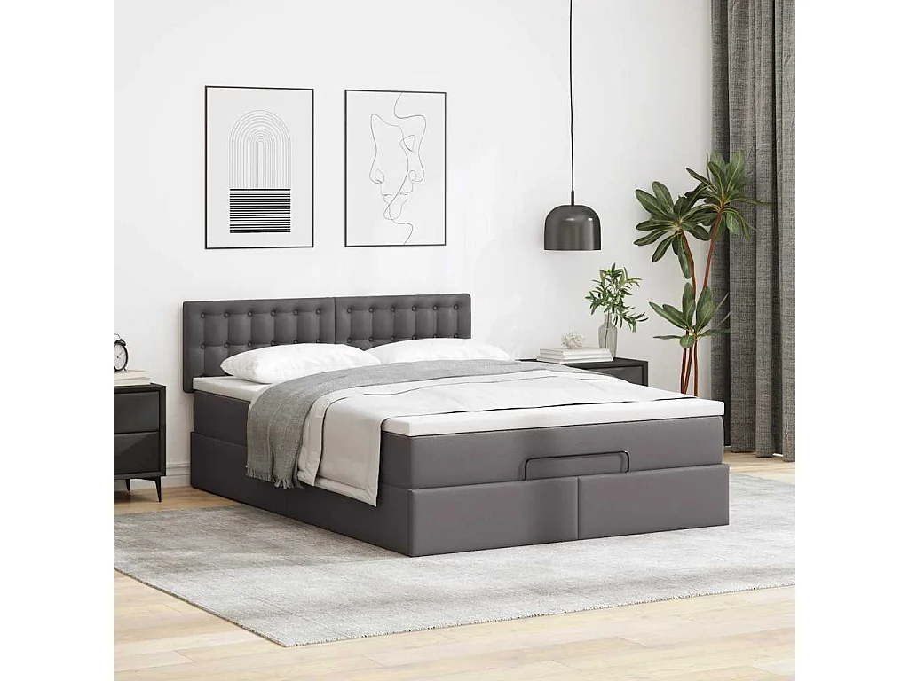 Cadre de lit ottoman avec matelas gris 140x190 cm similicuir