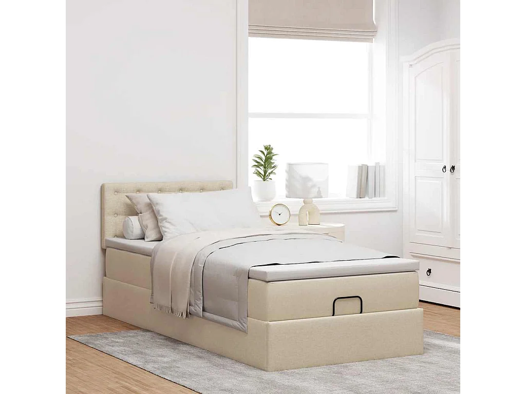 Estructura de cama otomana con colchón tela crema 90x190cm