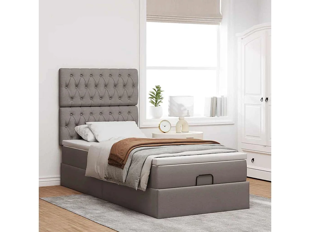 Cadre de lit ottoman avec matelas taupe 80x200 cm tissu