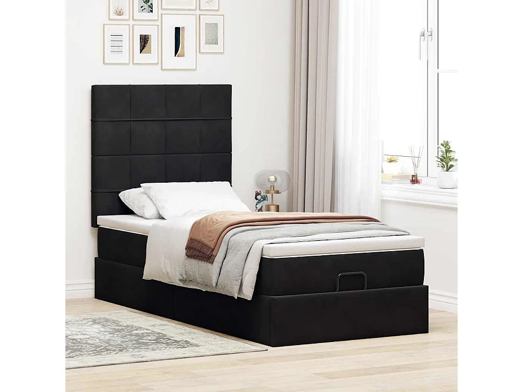 Cadre de lit ottoman avec matelas noir 100x200cm velours