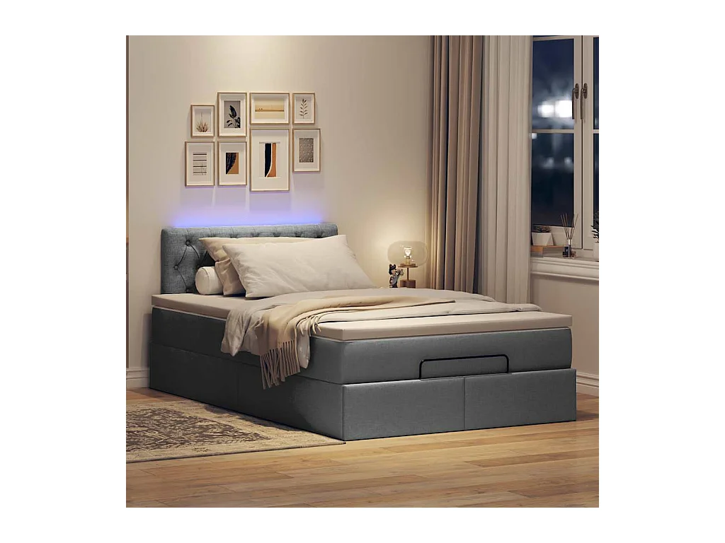Lit ottoman avec matelas gris foncé 120x190 cm tissu