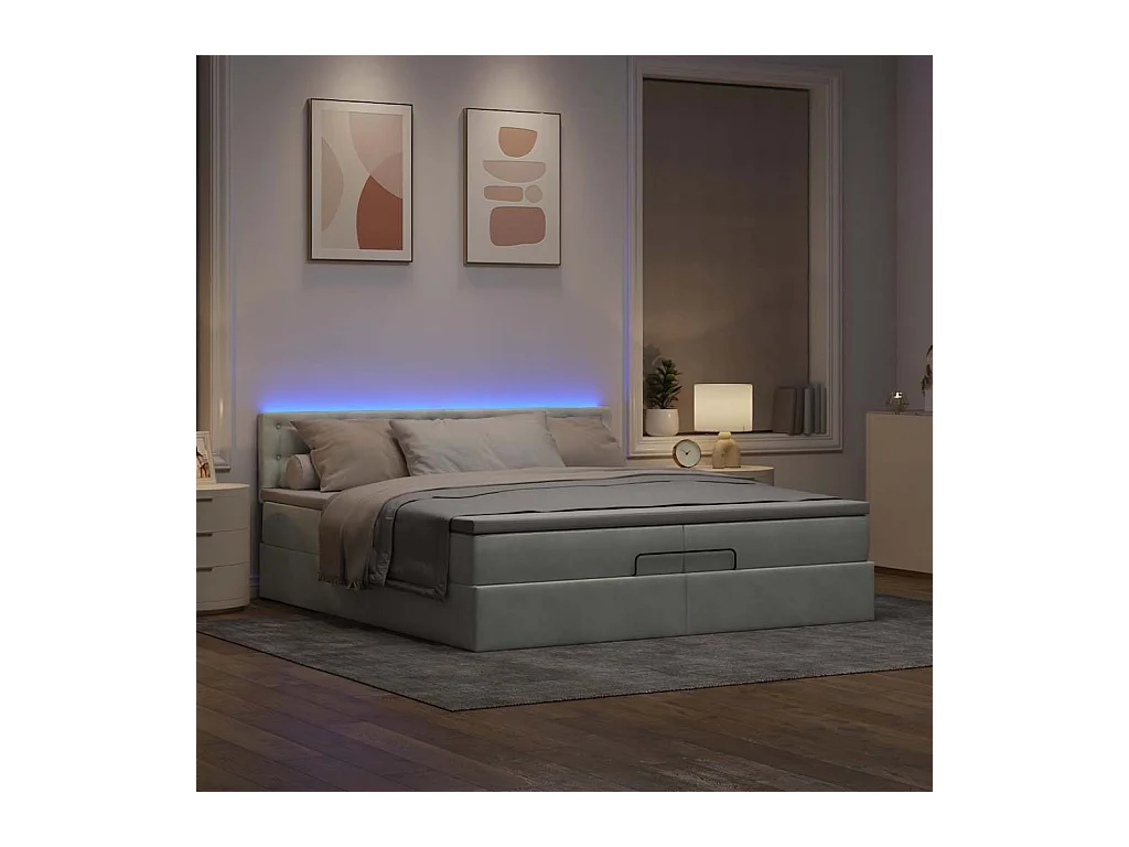 Estrutura cama otomana colchões 200x200cm veludo cinzento claro