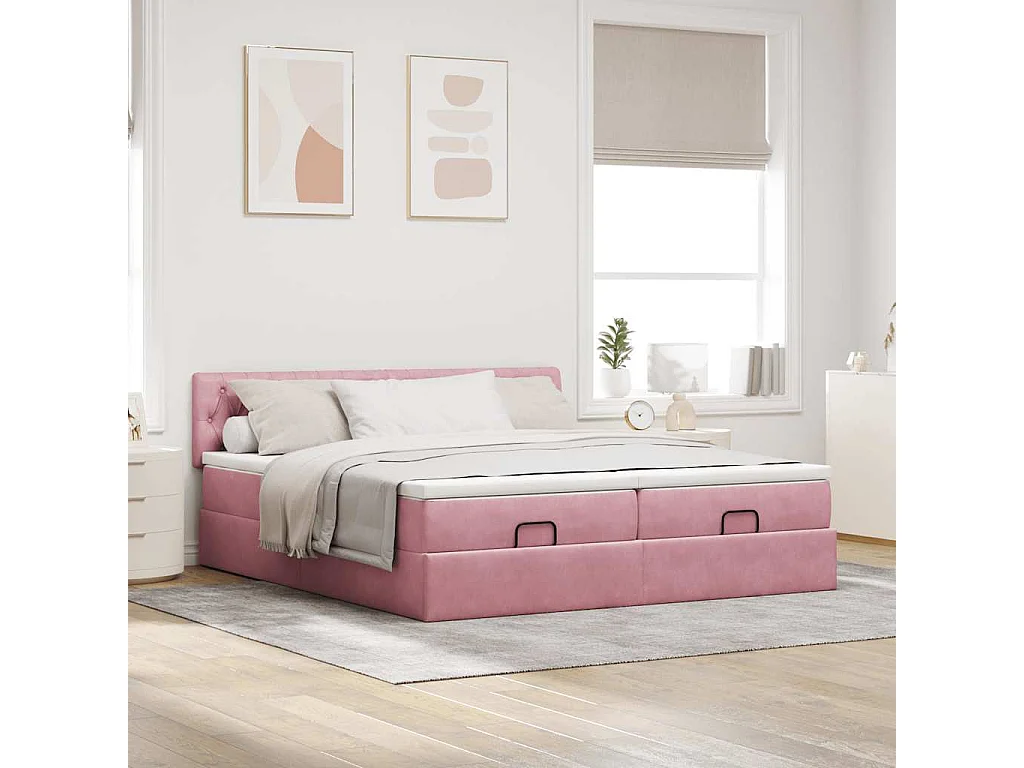 Cadre de lit ottoman avec matelas rose 160x200 cm velours