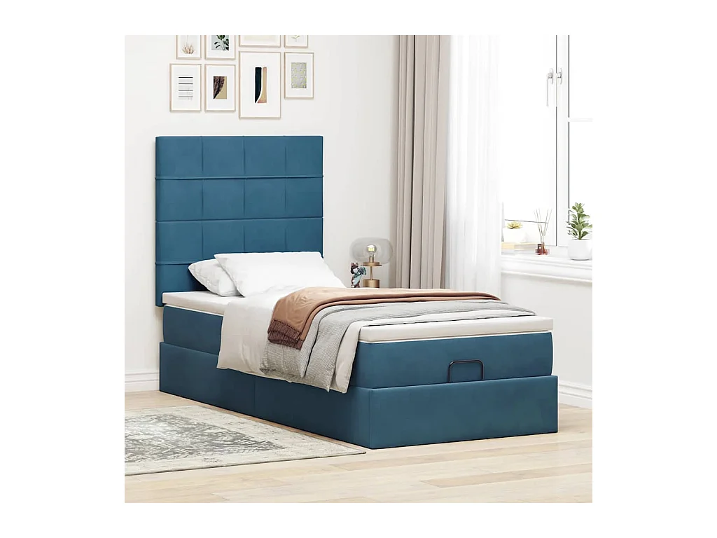 Estrutura de cama otomana com colchões azul escuro veludo