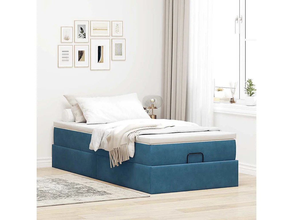 Cadre de lit ottoman avec matelas bleu foncé 100x200 cm velours