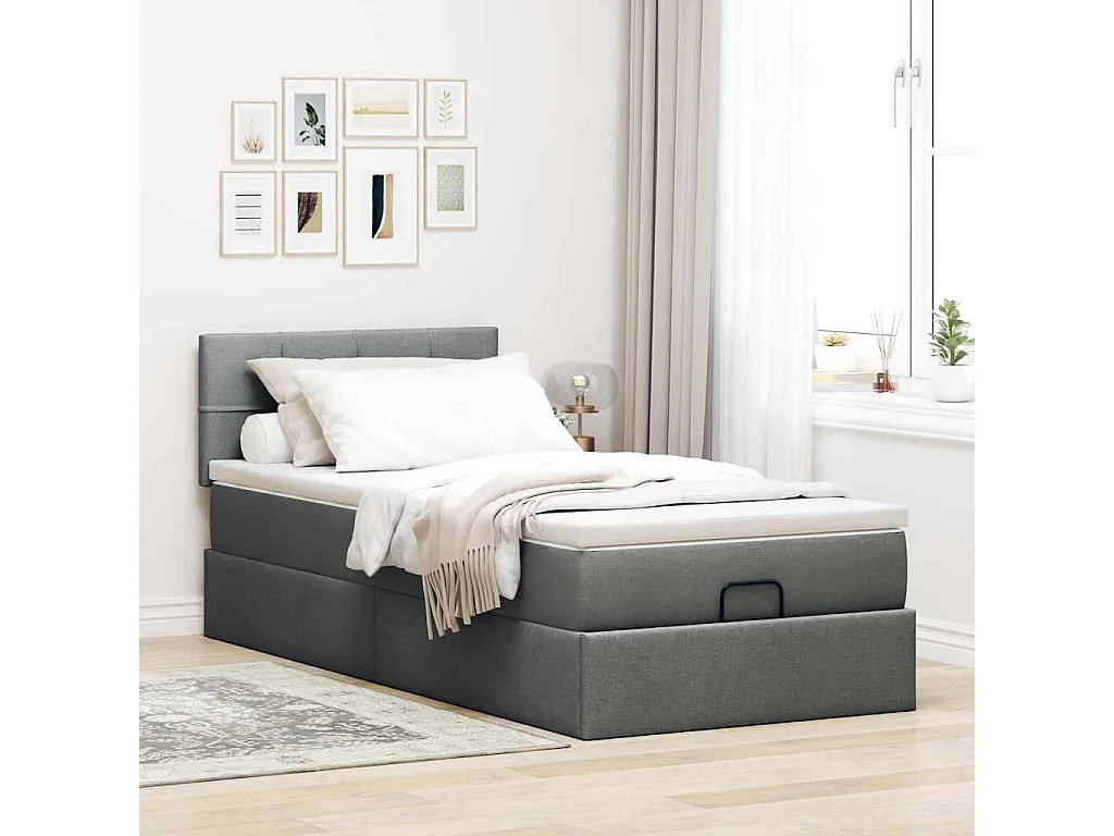 Cadre de lit ottoman avec matelas gris foncé 90x200 cm tissu