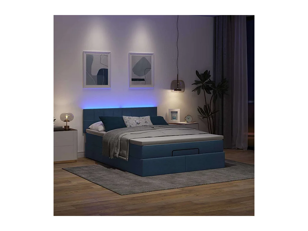 Cadre de lit ottoman avec matelas bleu 140x200 cm tissu