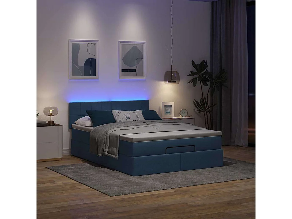 Estrutura de cama otomana com colchão tecido azul 140x200cm