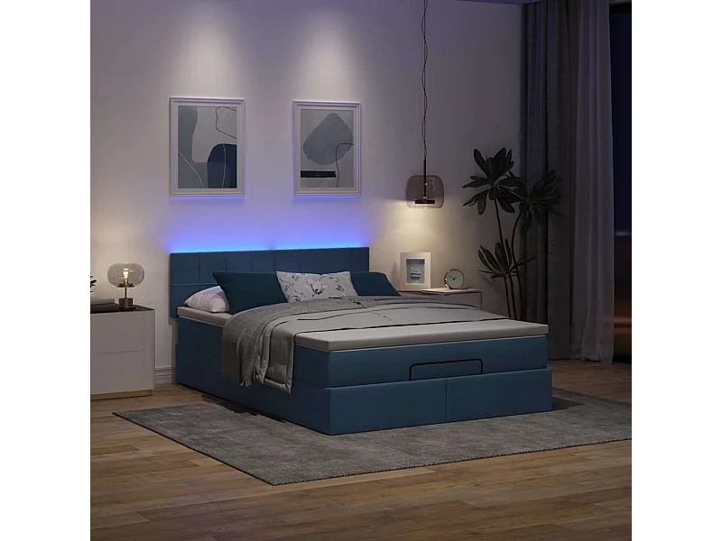Estrutura de cama otomana com colchão tecido azul 140x200cm