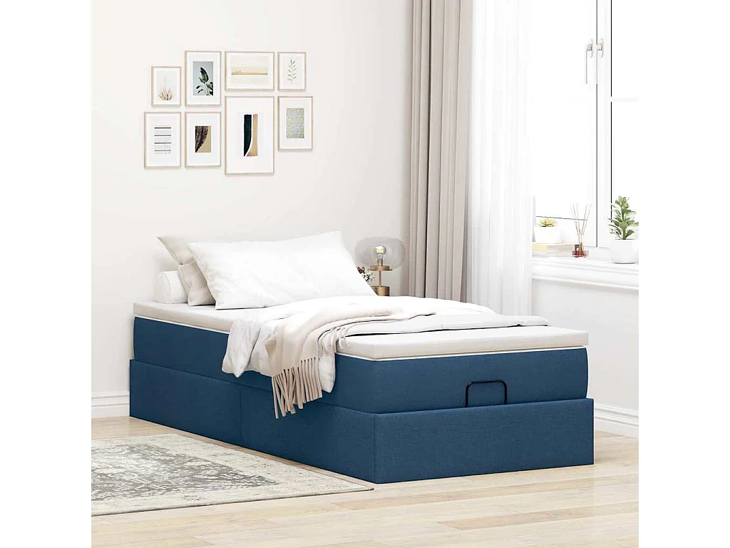 Cadre de lit ottoman avec matelas bleu 90x190 cm tissu