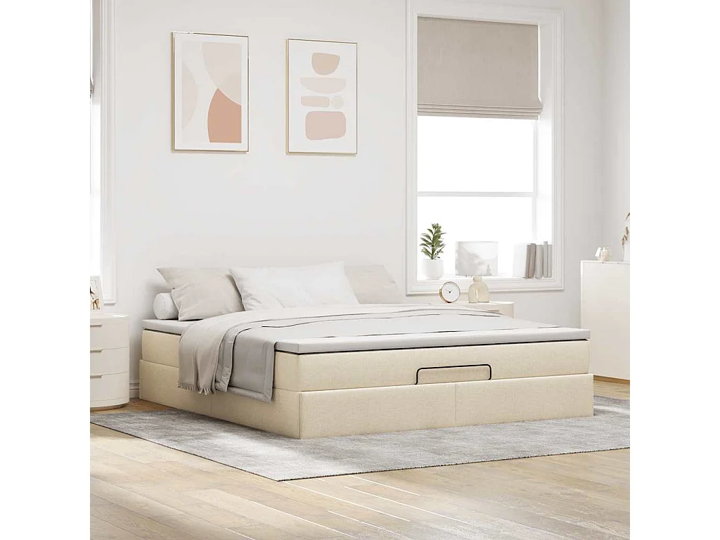 Cadre de lit ottoman avec matelas crème 160x200 cm tissu