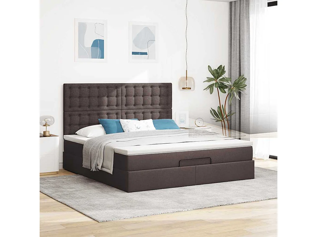 Cadre de lit ottoman avec matelas marron foncé 160x200 cm tissu