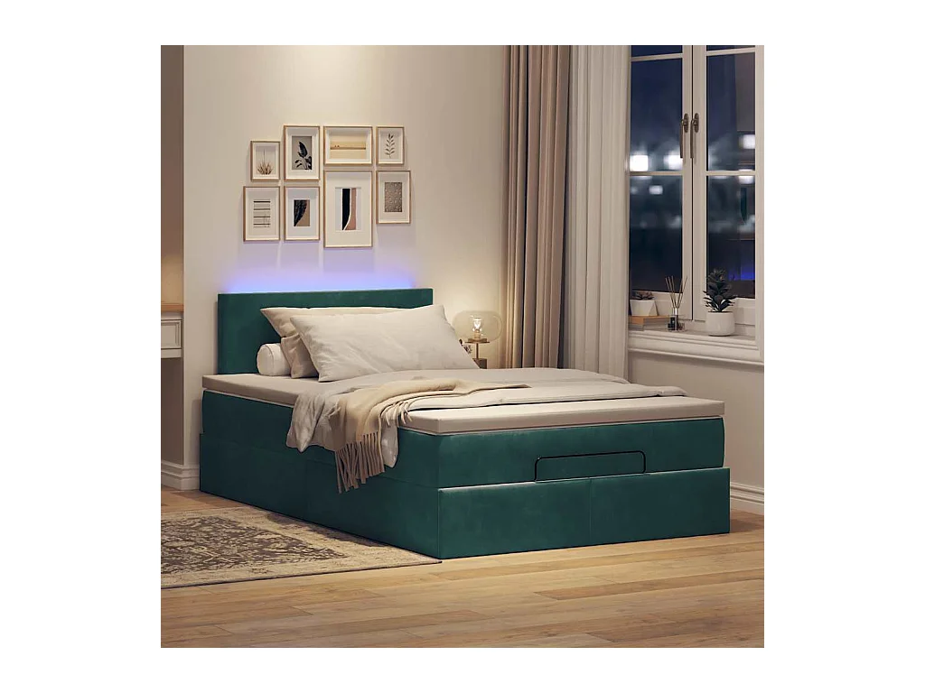 Estrutura de cama otomana com colchão verde escuro Veludo