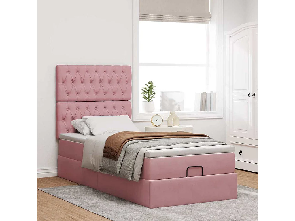 Estructura de cama otomana colchones terciopelo rosa 90x200cm