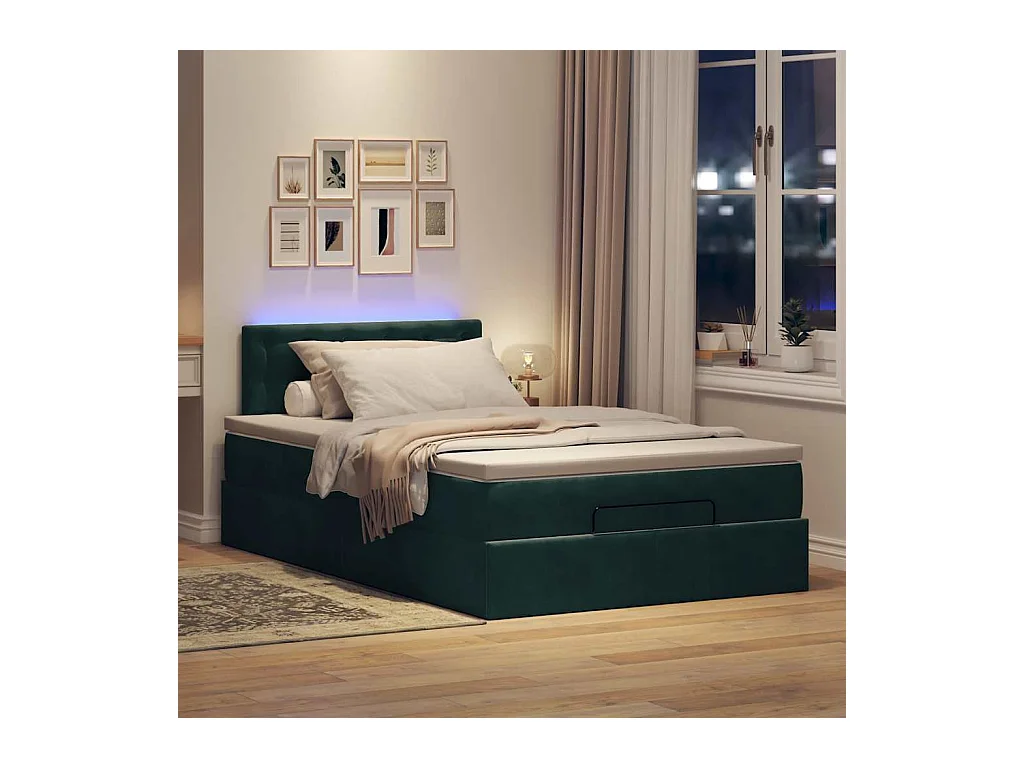 Estructura de cama otomana colchón terciopelo verde oscuro