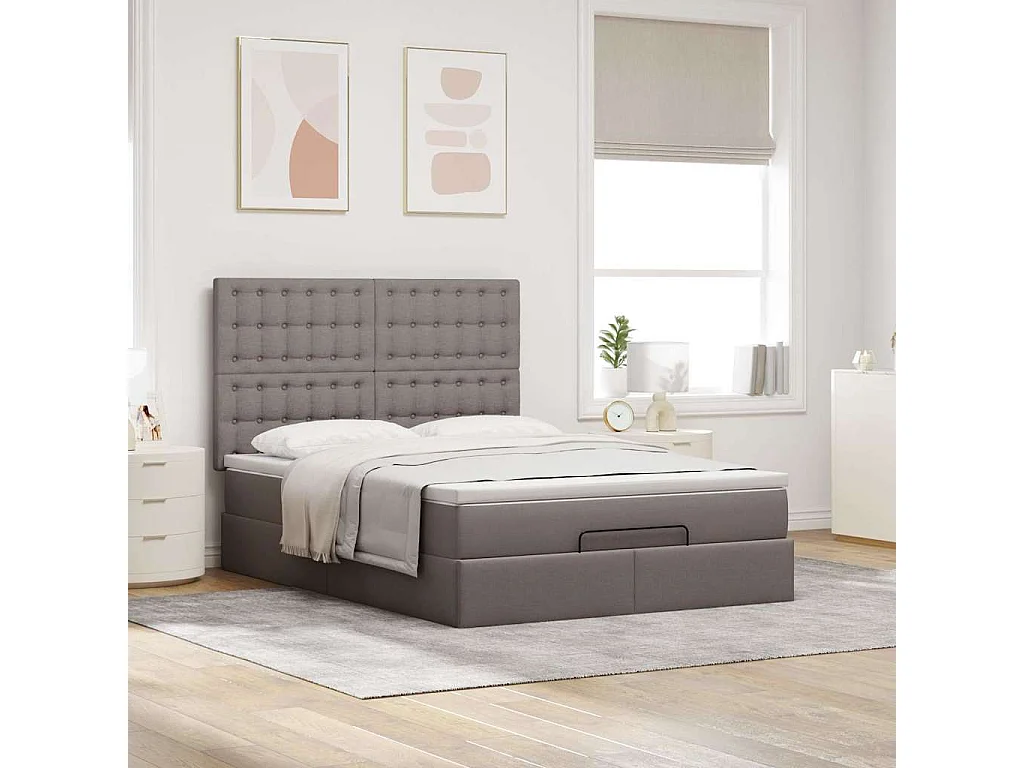Cadre de lit ottoman avec matelas taupe 140x200 cm tissu