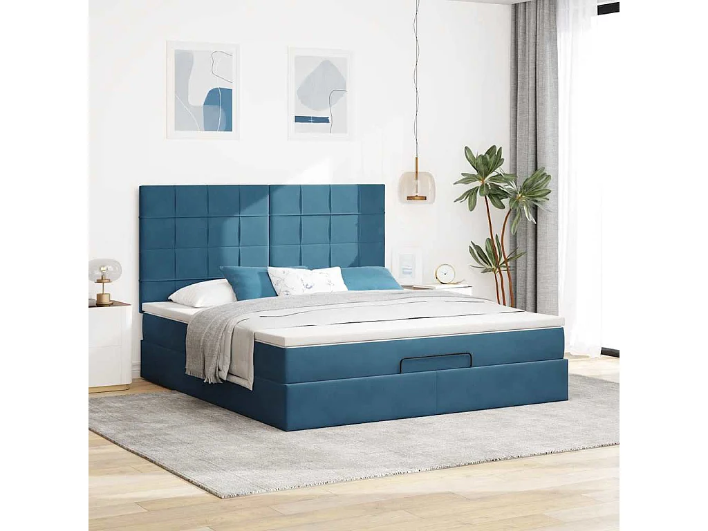 Cadre de lit ottoman avec matelas bleu foncé 160x200 cm velours