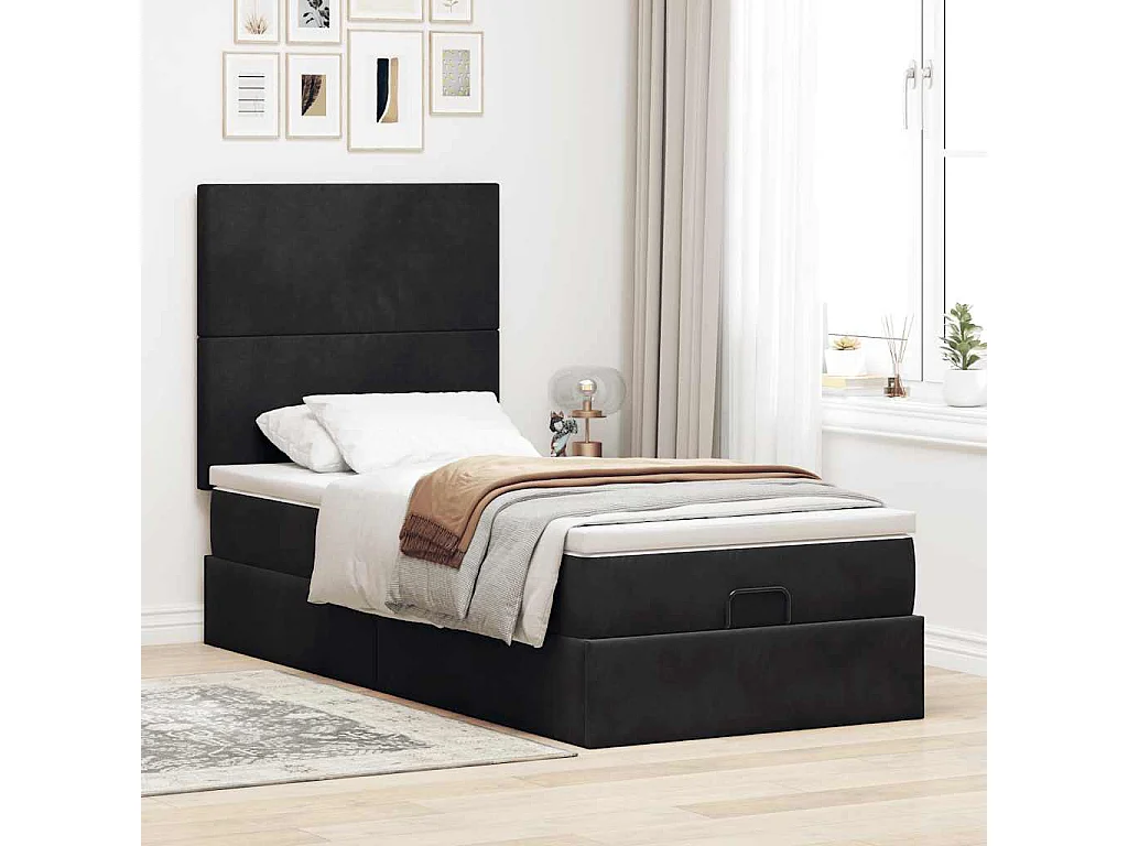 Cadre de lit ottoman avec matelas noir 80x200 cm velours