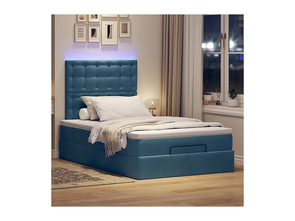 Cadre de lit ottoman avec matelas bleu foncé 120x190 cm velours