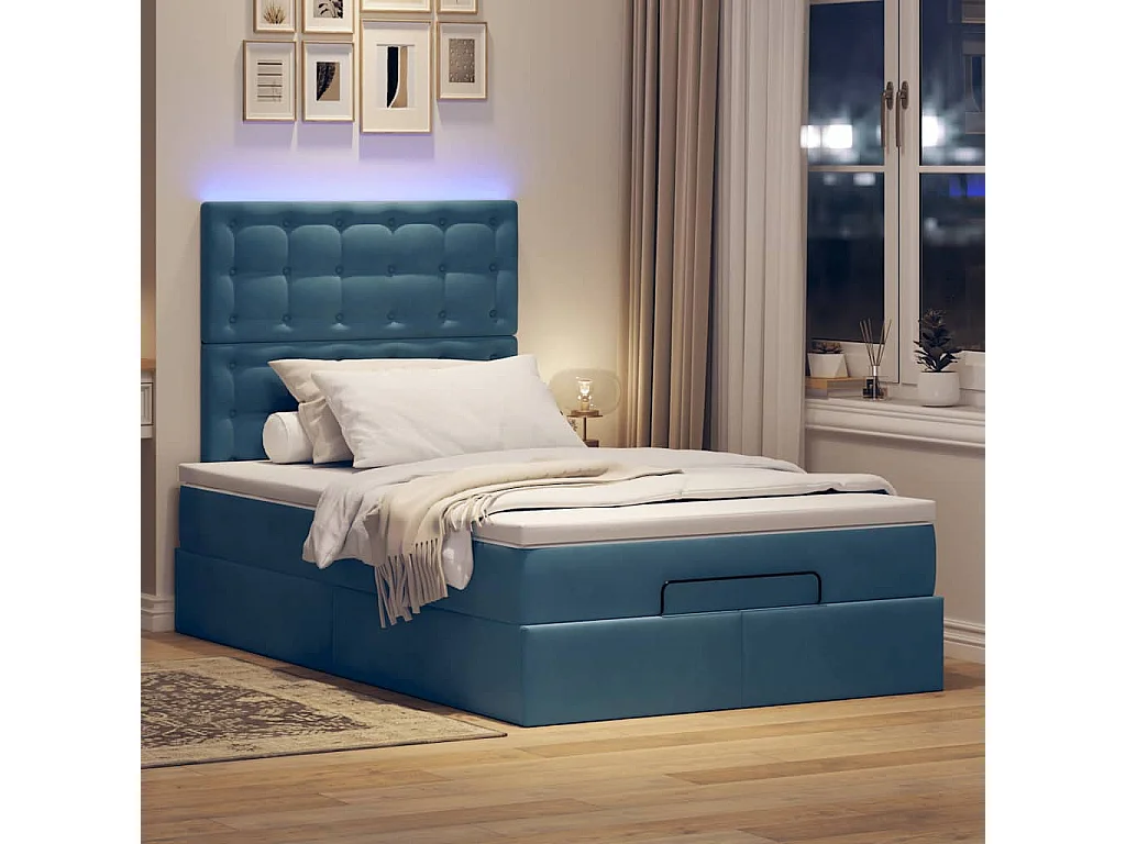 Cadre de lit ottoman avec matelas bleu foncé 120x190 cm velours