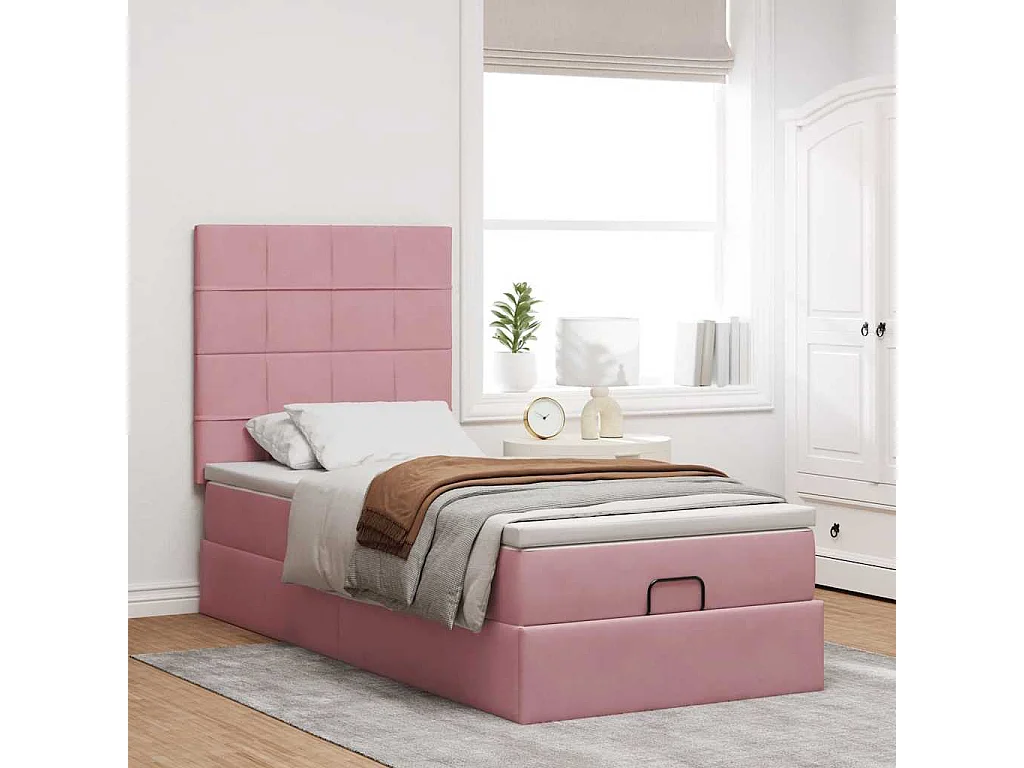 Estructura cama otomana colchones terciopelo rosa 80x200cm