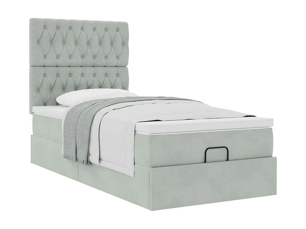 Cadre de lit ottoman et matelas gris clair 90x200 cm velours