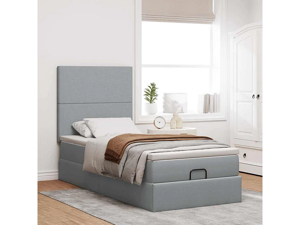 Cadre de lit ottoman et matelas gris clair 90x200 cm tissu